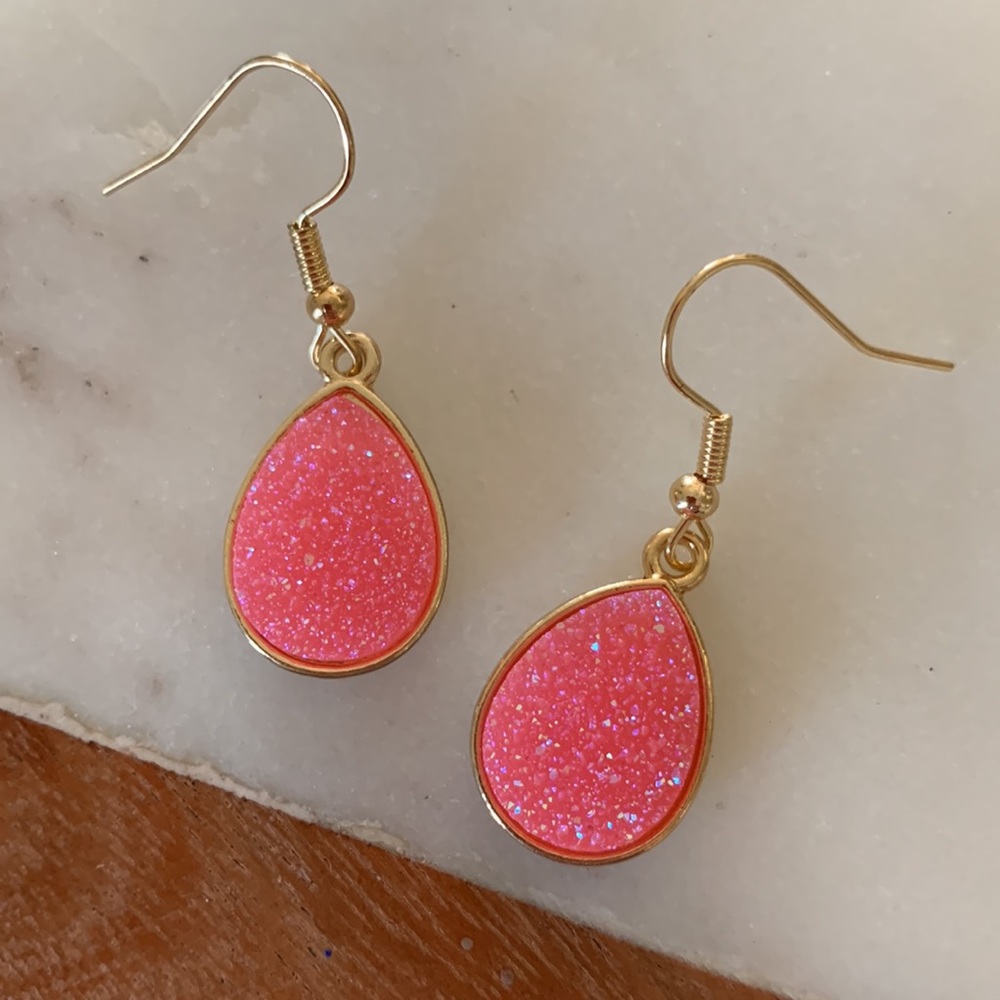 Pink Druzy Teardrop Earrings